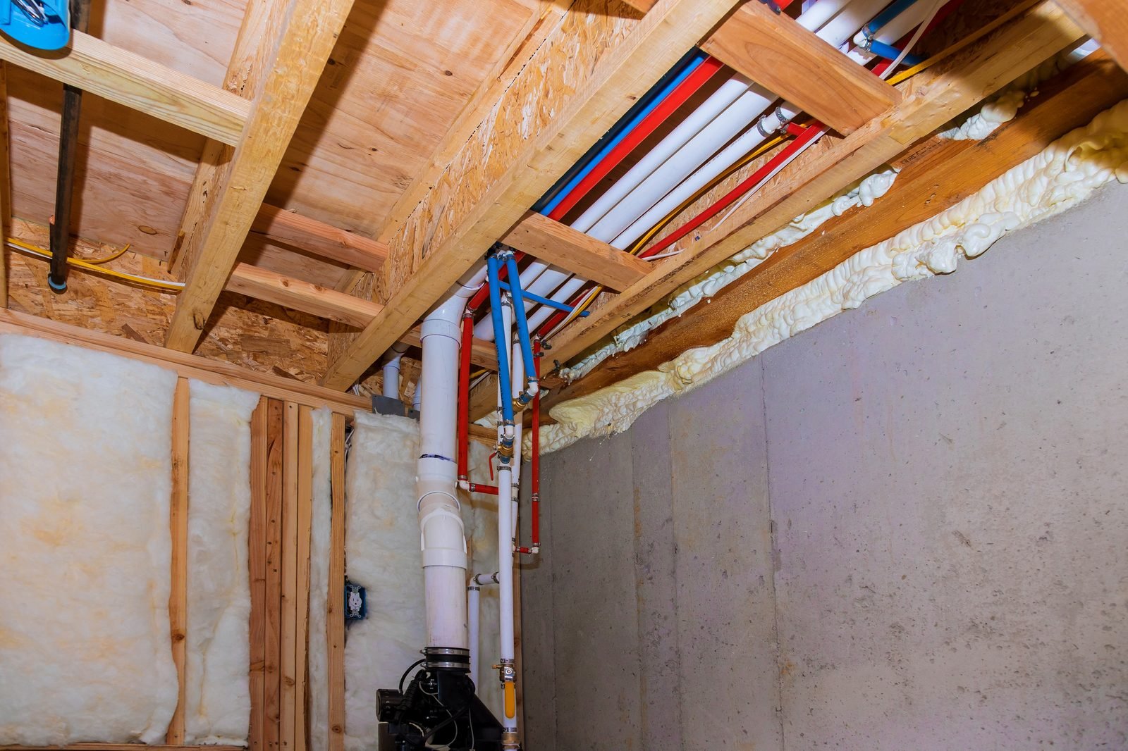 Crawl space plumbing with spray-foam insulation