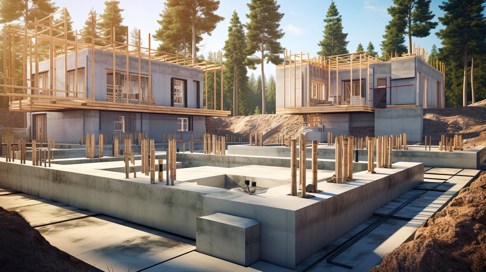 Concrete pillars and stem walls for a new foundation