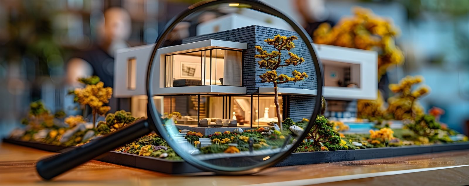 Model home viewed through a magnifying glass